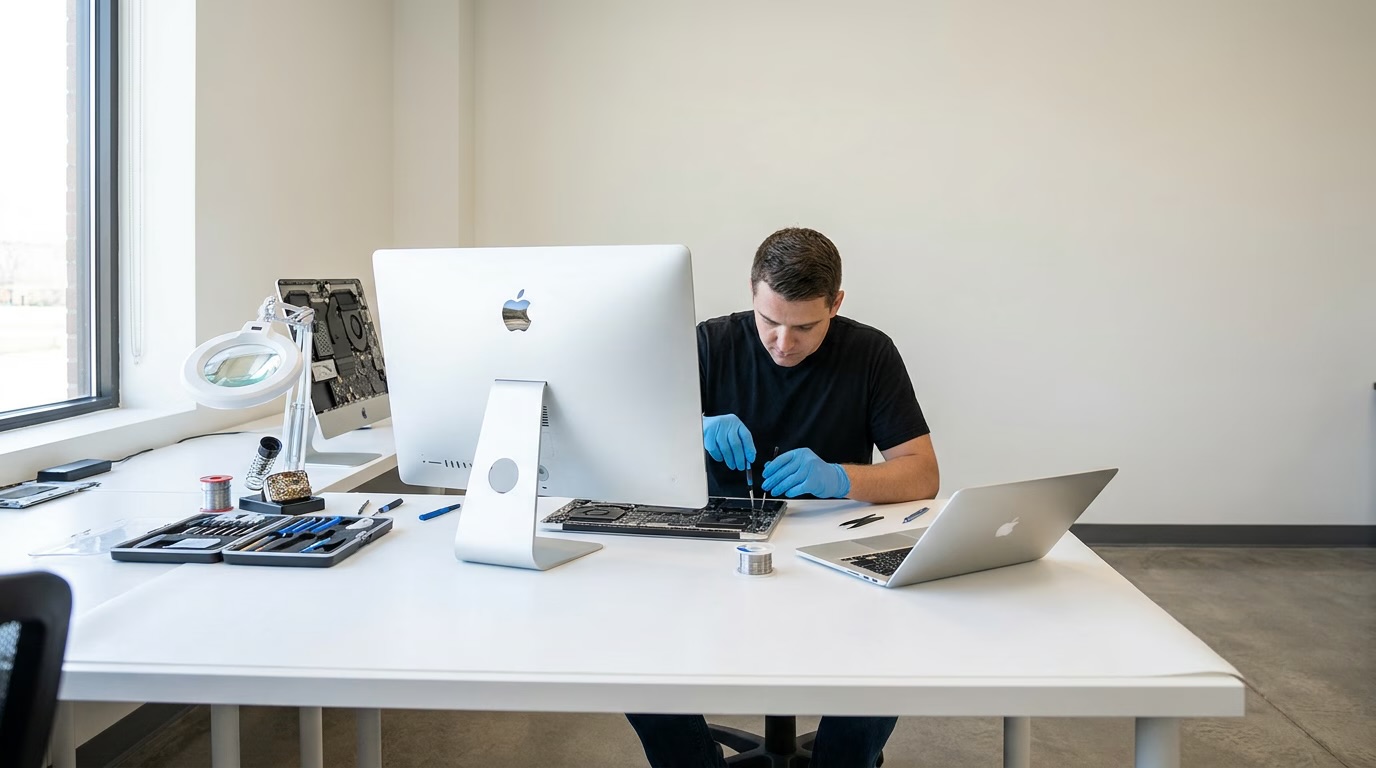 Small screwdriver sets and solder laid out beside an all-in-one computer opened up on a bench