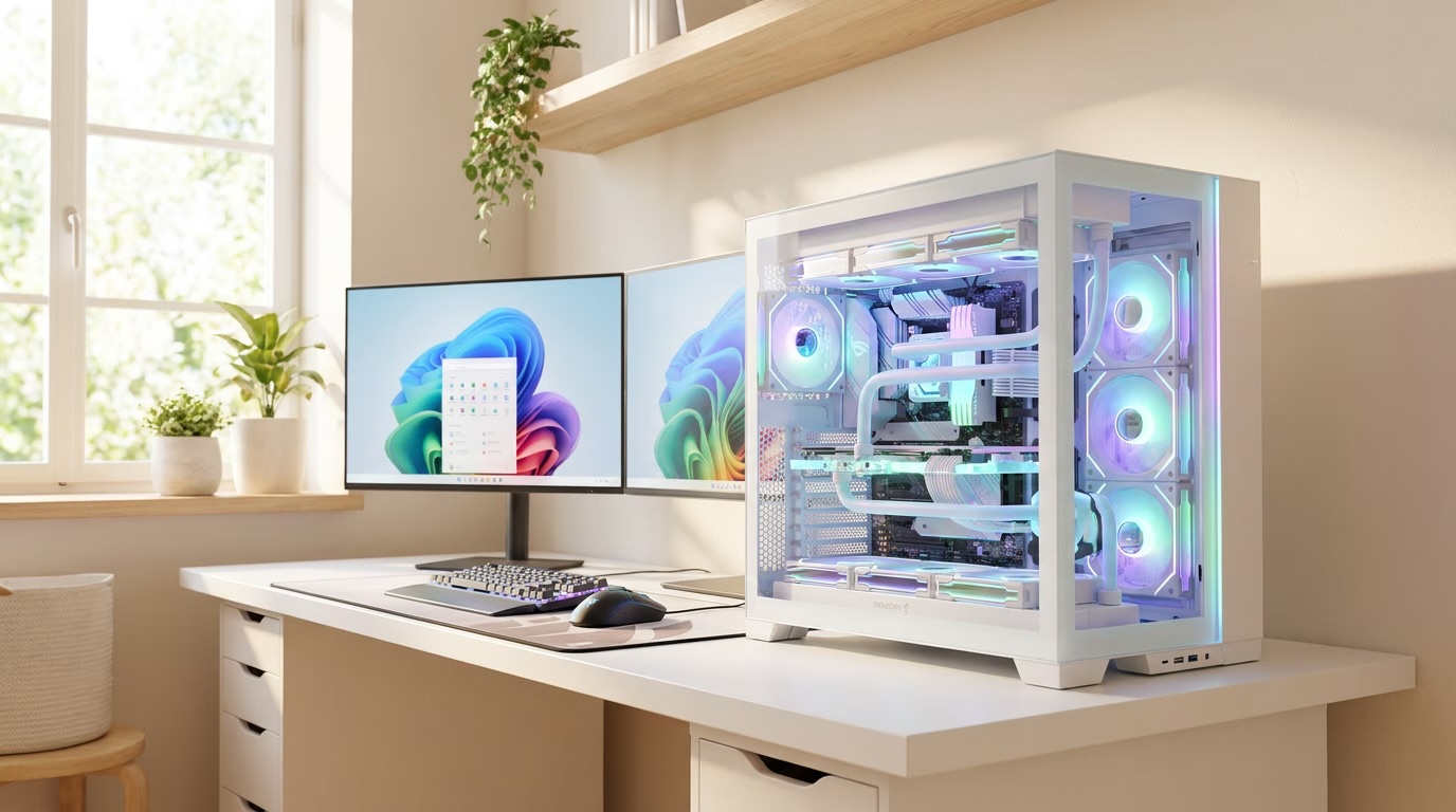A custom gaming PC with a glass side panel and lit fans, next to two monitors on a desk