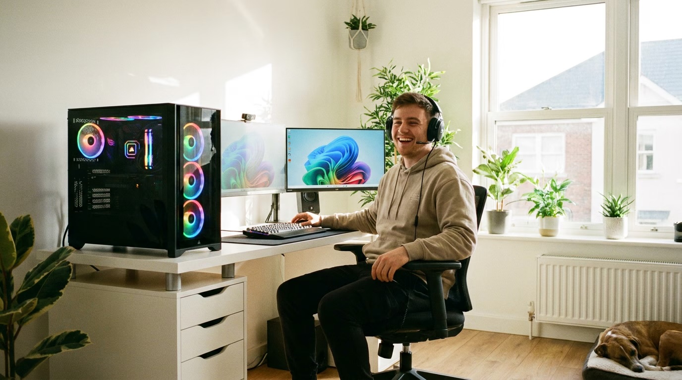 A gaming desk in a home office with a black tower PC beside the monitor